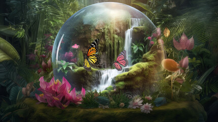 A lush rainforest with a crystal-clear waterfall cascading down, surrounded by exotic flowers and butterflies, a glass globe in the foreground representing the importance of preserving our natural res