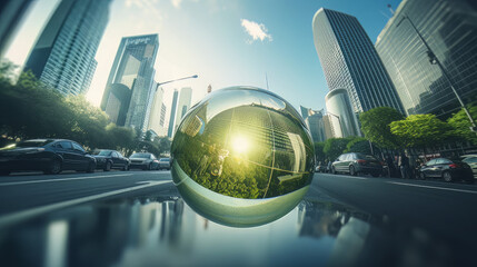 An eco-friendly cityscape with towering green skyscrapers and electric cars on the streets, a glass globe in the foreground representing the earth day concept, a diverse group of people gathered aroun