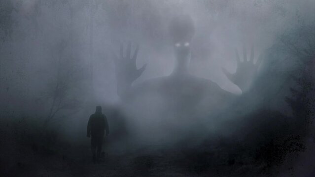 Animation of ghost monster appearing out of the fog, person is standing and observing it, spooky and mysterious atmospheric concept.