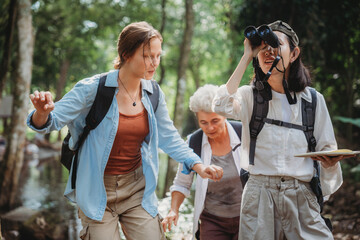 woman family walking in the forest to watching a bird in nature, using binocular for birding by looking on a tree, adventure travel activity in outdoor trekking lifestyle, searching wildlife in jungle - obrazy, fototapety, plakaty