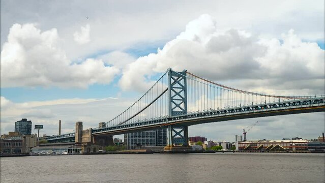Benjamin Franklin Bridge timelapse on a cloudy warm day over the Delaware River from Camden NJ