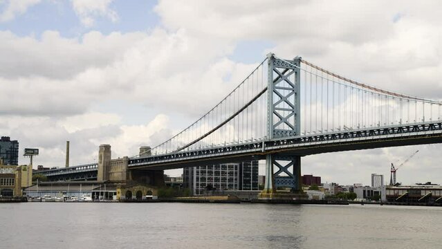 Benjamin Franklin Bridge on a cloudy warm day over the Delaware River