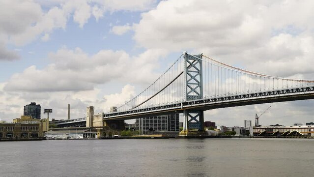 Benjamin Franklin Bridge on a cloudy warm day over the Delaware River