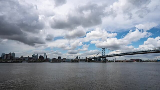 Philadelphia skyline timelapse over the calm Delaware River with the Benjamin Franklin Bridge on a cloudy warm day