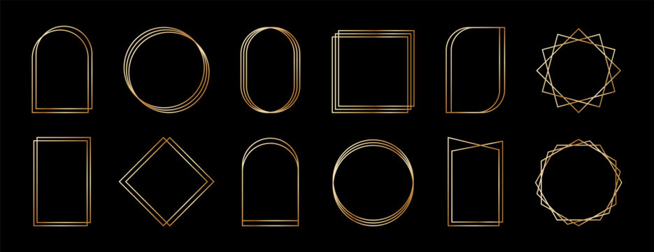 Golden geometric frames in art deco style. Luxury gold borders for for wedding invitation. Thin line oval and rectangle set for invitation decoration. Vector illustration isolated on black background.