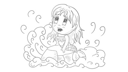 Little funny girl Chibi mermaid sitting on a stone in the middle of the water contour vector illustration in the style of doodle