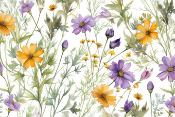 Cosmos, coreopsis, bells, lavender, and green leaves on branches make up this floral seamless design. Watercolor textile or wallpaper design with an emphasis on detail, generative AI