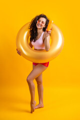 positive girl skincare with sunscreen in summer in studio. girl skincare with sunscreen in summer.