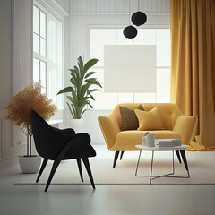 Modern interior design yellow armchair sofa in living room with and mock up poster frame in white wall at home, lifestyle living room design, empty nobody, 3D render by Generative AI