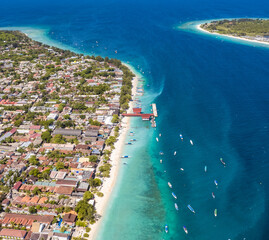 Aerial of Ferry Terminal in Gili Trawangan beach in Lombok, Indonesia