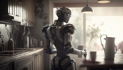 A female robot in the kitchen with future design interior, a domestic helper. Housekeeper. close future. personal robot preparing breakfast. Horizontal layout. Near future is coming. Generative AI