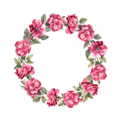 Fototapeta na wymiar Wreath with flowers and buds of pink roses painted in watercolor. Floral, seamless background.