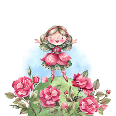 Cute flower princess in a pink dress in a meadow with rose flowers watercolor illustration.