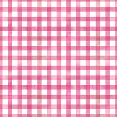 Basic seamless pink checkered pattern on a white background. Watercolor pink plaid texture.