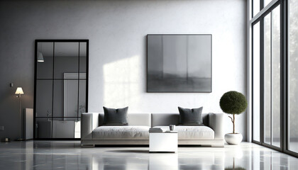 A living room with a white wall and a black and white sofa. Modern and minimalist room with a large window. Generative AI