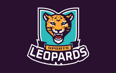 Sports logo with leopard mascot. Colorful sport emblem with leopard mascot and bold font on shield background. Logo for esport team, athletic club, college team. Isolated vector illustration