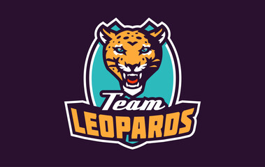 Sports logo with leopard mascot. Colorful sport emblem with leopard mascot and bold font on shield background. Logo for esport team, athletic club, college team. Isolated vector illustration