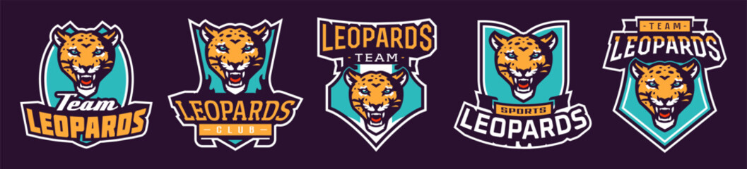 Set of sports logos with leopard mascots. Colorful collection sports emblem with leopard mascot and bold font on shield background. Logo for esport team, athletic club. Isolated vector illustration