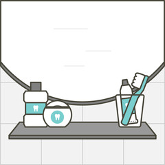 mirror, sink and shelf with toothbrush, toothpaste, floss and mouthwash in the bathroom - dental cartoon vector flat style