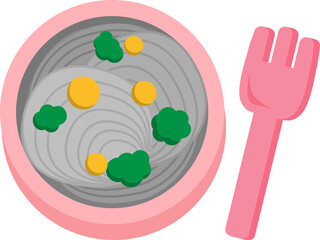 Illustration of a bowl of black noodles with fork