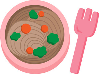 Illustration of a bowl of brown noodles with a fork