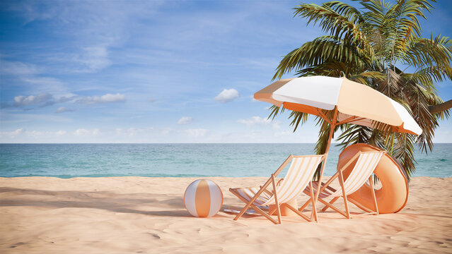 3d illustration. View of beach in summer holidays concept
