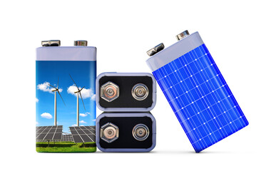 Battery with solar panels and wind turbines isolated on transparent background, PNG. The concept of sustainable resources or green energy.