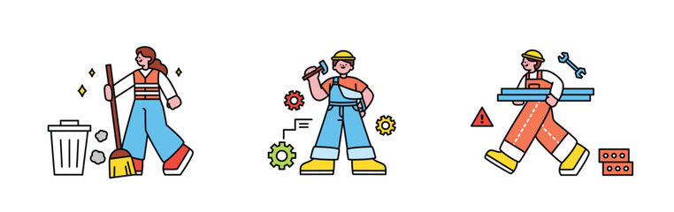 Labor Day. people who are working. Street cleaners, factory engineers, construction workers.