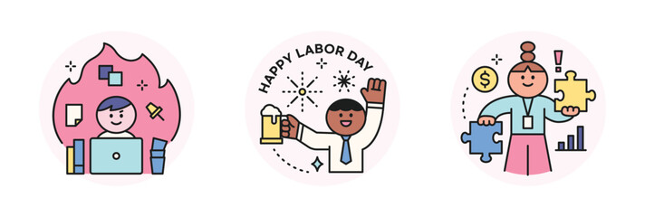 Labor Day. people who are working. A businessman working on fire, an office man drinking beer, and a character holding a puzzle in his hand.