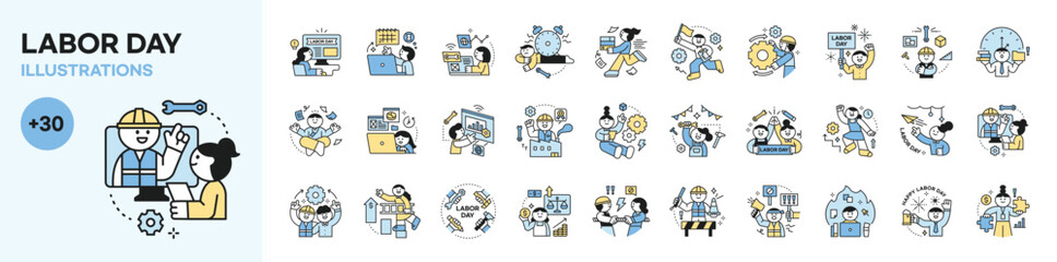 Labor Day. people who are working. Cute concept icon character about worker's life. mega set. - 593820671