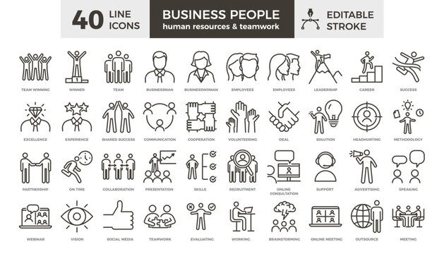 40 vector thin line icons related with business people, human resources and teamwork