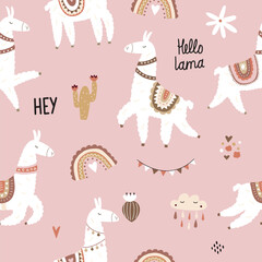 Vector seamless pattern with cute lamas in bright colors in boho style. Cute cartoon lama. Ideal for children's printed materials. © Ольга Агуреева