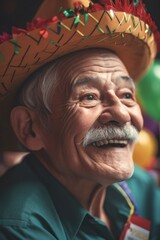 Cheerful Hispanic Elderly Man Embracing Festive Mexican Culture on Cinco de Mayo with Exciting Activities like Pinatas, Folk Dancing, and Face Painting (Generative AI