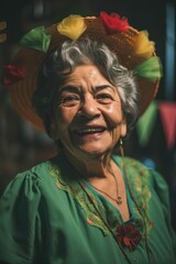 Cheerful Hispanic Elderly Woman Embracing Festive Mexican Culture on Cinco de Mayo with Exciting Activities like Pinatas, Folk Dancing, and Face Painting (Generative AI
