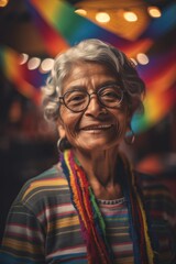Obraz premium Cheerful Multiracial Elderly Woman Embracing Festive Mexican Culture on Cinco de Mayo with Exciting Activities like Pinatas, Folk Dancing, and Face Painting (Generative AI