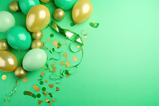 St. Patrick's Day party supplies concept. Top view photo of green and gold balloons, party hats, and confetti on isolated pastel green background with copyspace in the middle