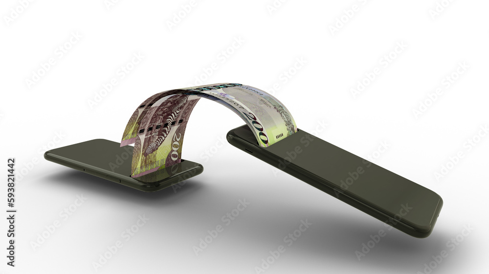 Aufkleber 3d rendering of botswanan pula notes transferring from one phone to another. mobile money transactio