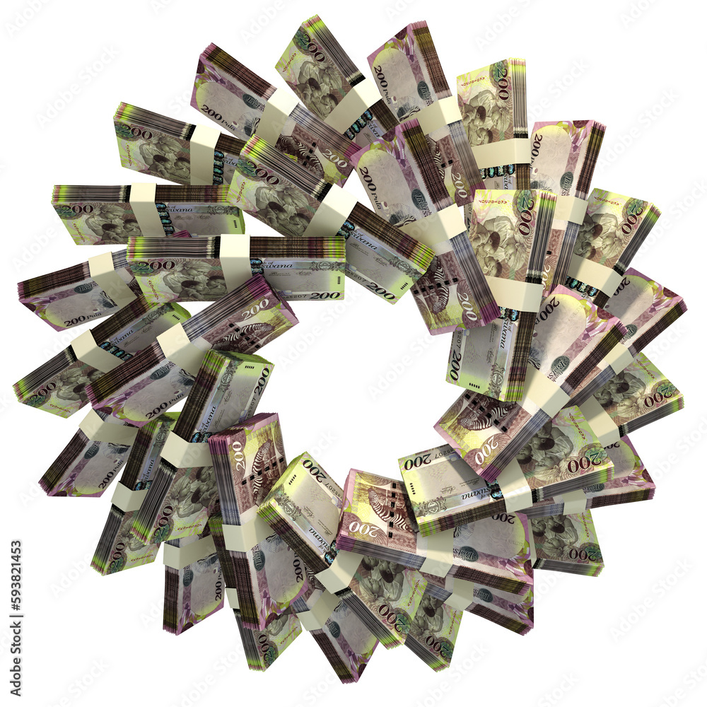 Poster 3d rendering of stacks of botswanan pula arranged in a circular pattern.