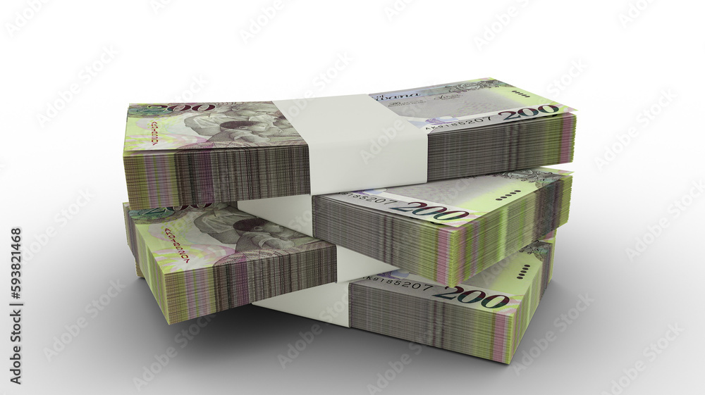 Poster 3d rendering of stack of botswanan pula notes. few bundles of botswanan currency isolated on white b