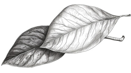 Black & White Hand Drawing Of Mango Leaves On Isolated Background, Generative Ai