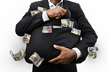 Black Businessman holding black bag full of Botswanan Pula notes isolated on transparent...