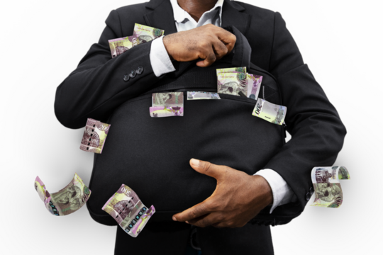 Black Businessman holding black bag full of Botswanan Pula notes isolated on transparent background, money falling from bag
