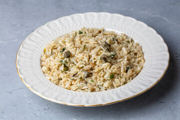 Traditional delicious Turkish food; rice pilaf with pine nuts and currants (Turkish name; ic pilav or pilaf)
