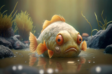 An angry depressed fish out of water, concept of being in an unknown situation, or drought and climate change, generative AI