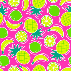 Fototapeta na wymiar Hand drawn pineapple, banana and citrus fruit seamless pattern for summer holidays background.