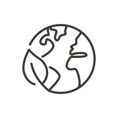 Planet earth with leaf icon. Vector thin line illustration of green earth nature care. World ecology, environment protection, global climate awareness