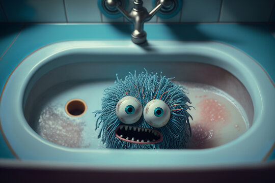 Soap Scum 3d Monster Character In A Blue Bathroom Sink, Cleaning Concept, Generative AI