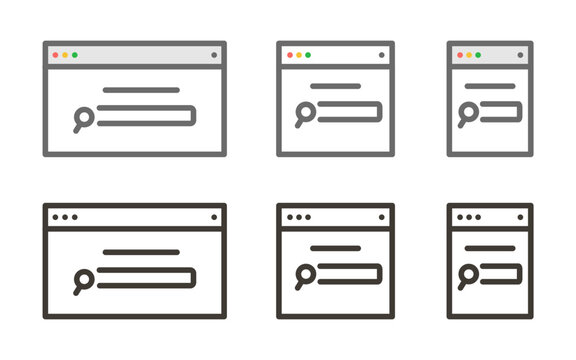 Vector thin line icon outline linear stroke graphic element of a web page tab in different sizes with search bar