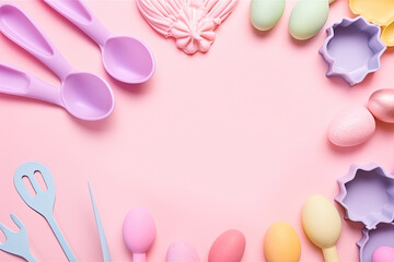 Top view photo of Easter bunny ears, colorful Easter eggs, and baking molds on an isolated pastel pink background with a blank space in the middle.