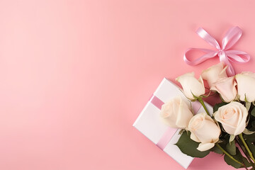 Top view photo of bunch of pink and white roses and gift box with ribbon on isolated light pink background with copyspace.